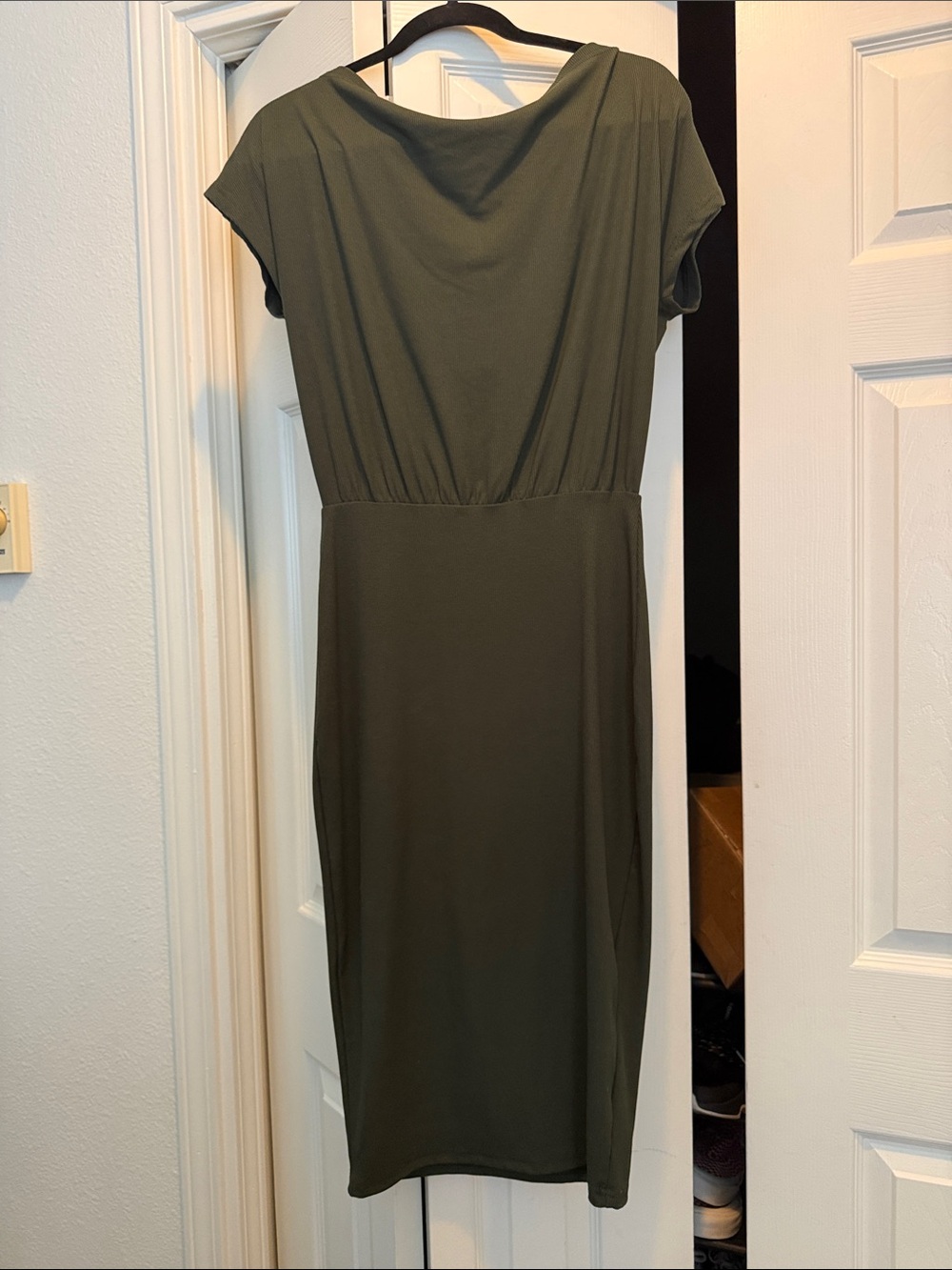 Olive Green Cap-Sleeve Midi Dress with Gathered Waist